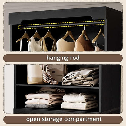 IRONCK Freestanding Closet System with 3 Wood Drawers, Modern Armoire Wardrobe with Adjustable Shelves & Hanging Rod, Walk-in Closet Systems Organizer, Black