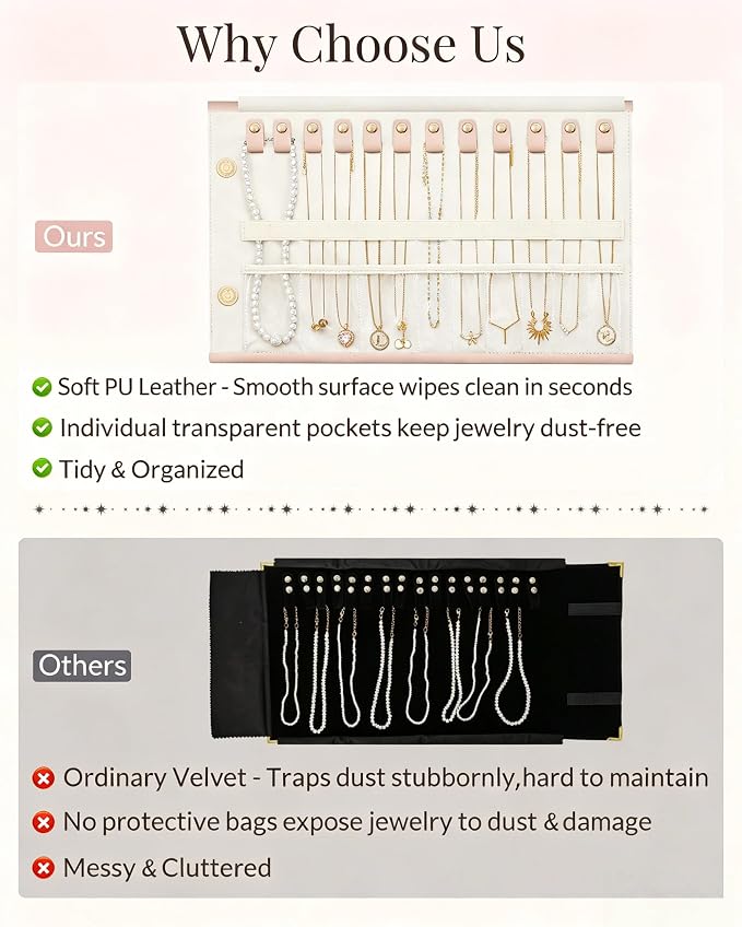 Lolalet Travel Necklace Organizer, Tangle-Free Necklace Case for Travel, Foldable Roll Up Jewelry Storage Bag for Necklaces Chains Bracelets, Pink, 12 Slots Holder