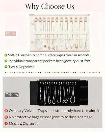 Lolalet Travel Necklace Organizer, Tangle-Free Necklace Case for Travel, Foldable Roll Up Jewelry Storage Bag for Necklaces Chains Bracelets, Pink, 12 Slots Holder