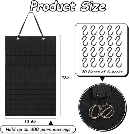 Caffox Hanging Earring Holder, Large Earring Organizer with 20Pcs Extra Hooks for Earrings, Necklaces, Bracelets, Jewelry and Sunglasses, Wall Earring Display for Home, Holds Up To 300 Pairs