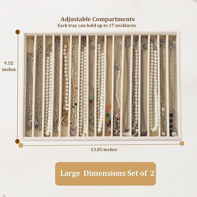 Large Velvet Jewelry Tray 2 Pack Stackable Jewelry Display Drawer Inserts Trays Organizer for Earring Bracelet Necklace Ring (Beige, 16 Grids)