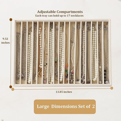 Large Velvet Jewelry Tray 2 Pack Stackable Jewelry Display Drawer Inserts Trays Organizer for Earring Bracelet Necklace Ring (Beige, 16 Grids)