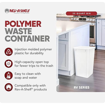 Rev-A-Shelf 35 Quart Polymer Replacement Trash Bin, Recycle Waste Garbage Container for Kitchen Cabinet Pullouts, White, RV-35-52 - Large Plastic Bin for Home and Office