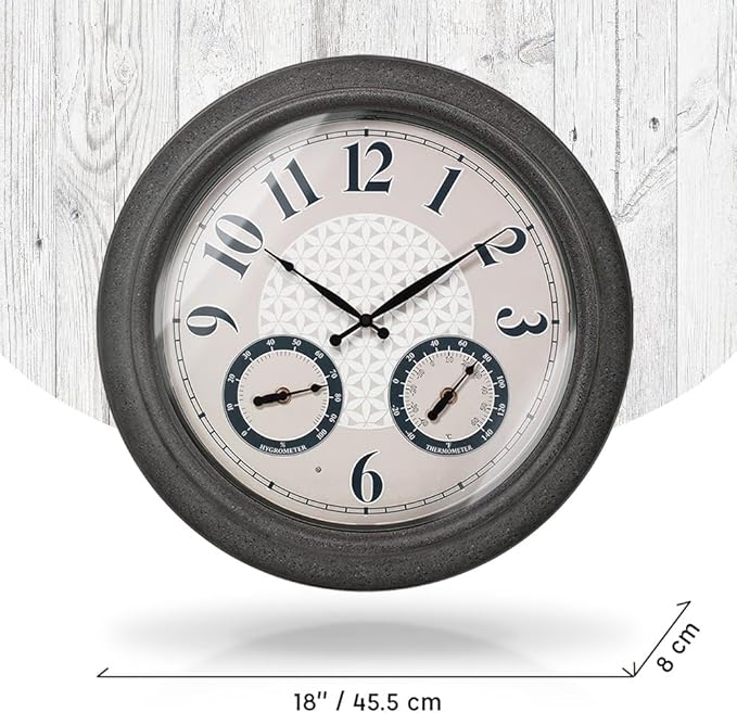 Presentime & Co. 18 Inch Illuminated Outdoor Clock, Waterproof Lighted Large Wall Clock with Thermometer & Hygrometer, Elegant & Vintage Home Decor for Garden, Patio, Pool, Grey Stone Finish
