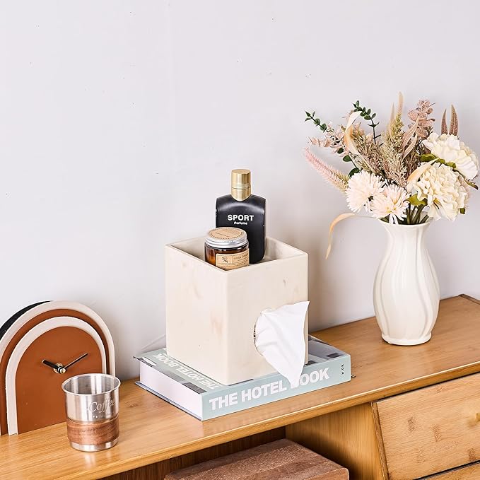 Beige Natural Marble Stone Textures Square Tissue Box Cover with Storage Tray, 2-in-1 Tissue Holder Decorative Organizer for Bathroom, Vanity, Kitchen Countertop, Bedroom Night Stands, Office Desk Top