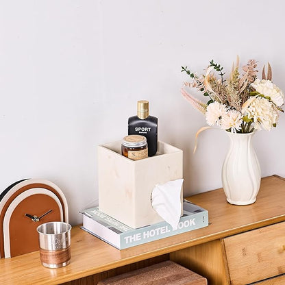 Beige Natural Marble Stone Textures Square Tissue Box Cover with Storage Tray, 2-in-1 Tissue Holder Decorative Organizer for Bathroom, Vanity, Kitchen Countertop, Bedroom Night Stands, Office Desk Top