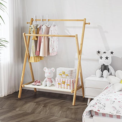 Kids Clothing Rack, Small Clothes Rack for Toddler Pets, Kids Dress Up Rack with Storage Shelf & Double Rods, Foldable Kids Clothes Rack for Nursery Child's Room (Regular Size)