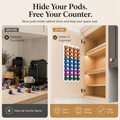 Bamboo Coffee Pod Holder, Adhesive Wall Mount (No Drilling) for Cabinet Door, 36-Capsule Storage (Set of 4) — Vertical/Horizontal — Compatible with Nespresso Original Line-White