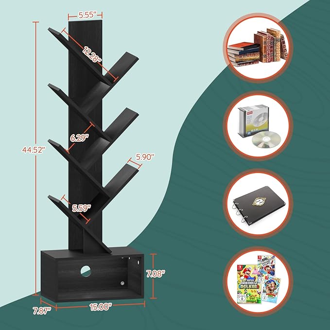Yoobure Tree Bookshelf, 6 Tier Small Book Shelf Retro Floor Standing Bookcase, Wood Book Storage Organizer Rack, Tall Narrow Bookshelves for Corner/Bedroom/Living Room/Home Office, Black