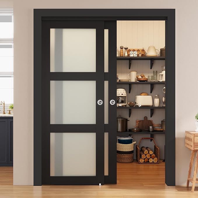 SMARTSTANDARD Bypass Sliding Closet Doors 72x80 in (Double 37in) for Bedroom, 3-Lite Frosted Glass Bypass Door with Hardware Kit Included, Preassembled Door Panel, Water-Proof PVC Surface, Black