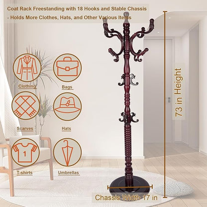 Coat Rack Freestanding with 18 Hooks, Wooden Standing Coat Racks for Entryway, Solid Wood Clothes Hanger Rack with Sturdy Round Base for Entryway, Hall, Bedroom, Office, Hallway