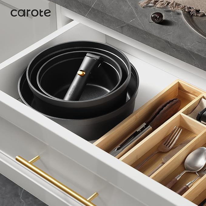 CAROTE 19pcs Pots and Pans Set Non Stick, Nonstick Cookware Set, Dishwasher/Oven/Fridge Safe Pots and Pans, Removable Handle RV Oven Safe Cookware, Induction Kitchen Set, Black