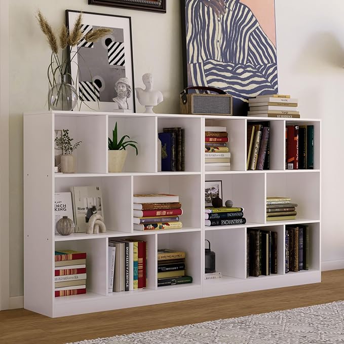 8-Cube Wooden Bookshelf with Base,3-Tier Freestanding Open Storage Organizer,Multi-Functional Bookcase for Living Room,Bedroom,Study and Office (White, 8-Cube)