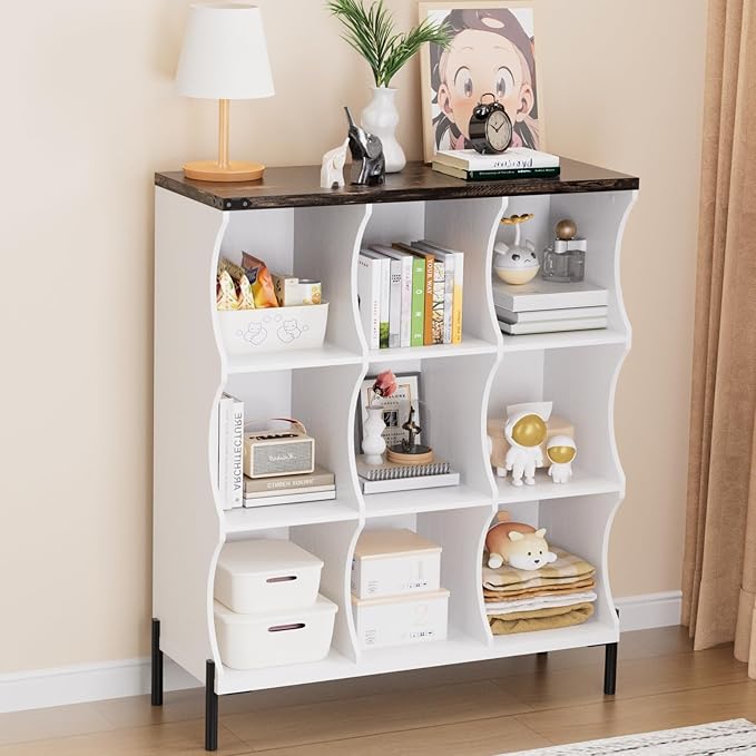 9 Cube Book Shelf, Low and Short Bookshelf, Long Cube Storage Organizer Wood TV Stand, Toy Organization DVD Cabinets for Living Room, Office, Bedroom, Dorm, White with Dark Brown Top