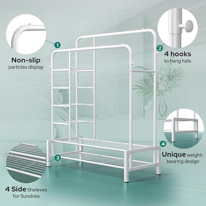 Clothes Rack, Double Rods Clothing Rack with 2 Bottom Shelves & 4 Side Shelves, Metal Garment Rack for Hanging Clothes, Heavy Duty Clothes Rack for Bedroom, Laundry, Living Room, White