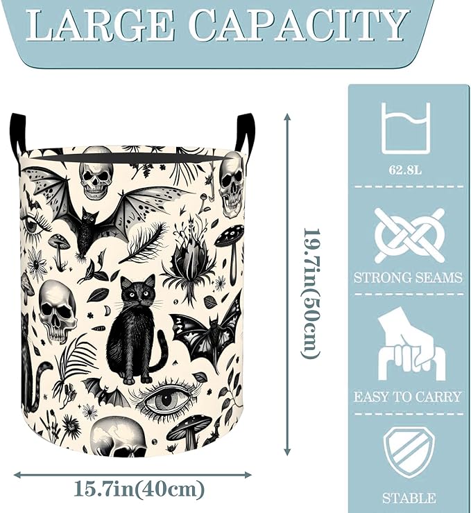 Gothic Black Cat Skull Bat Laundry Basket, Dirty Collapsible Clothes Toy Organizer Hamper for Kids Adults, Oxford Cloth Waterproof Storage Bin for Bathroom Halloween Decor Gifts, 19.7"X15.7"