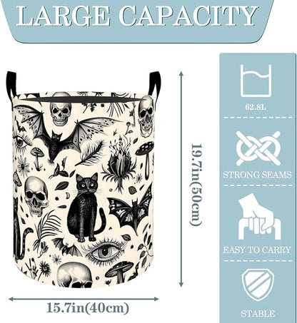 Gothic Black Cat Skull Bat Laundry Basket, Dirty Collapsible Clothes Toy Organizer Hamper for Kids Adults, Oxford Cloth Waterproof Storage Bin for Bathroom Halloween Decor Gifts, 19.7"X15.7"