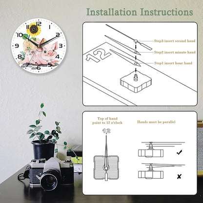 Wall Clock for Bathroom,Pink Pig Wall Clocks Silent Non-Ticking Battery Operated Clock 10 Inch,Sunflower Wall Clocks Decorative for Living Room,Kitchen,Office