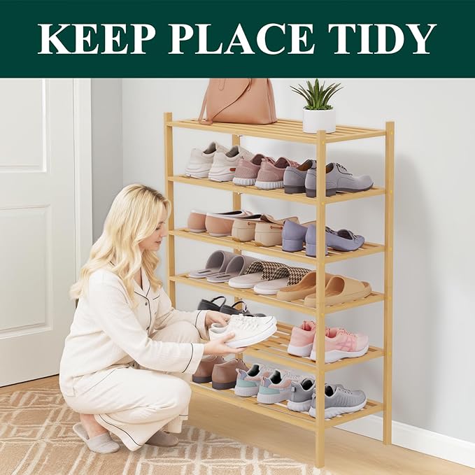 Smiry Bamboo Shoe Rack 6-Tier, Stackable Wooden Shoe Organizer for Entryway & Closet, Free Standing Wood Shoe Storage Shelf for Front Door & Small Spaces, Natural