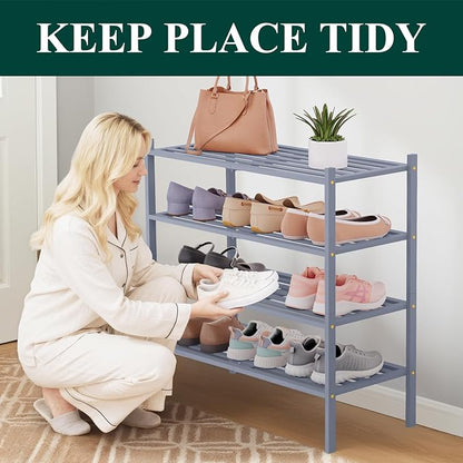 Smiry Bamboo Shoe Rack 4-Tier, Stackable Wooden Shoe Organizer for Entryway & Closet, Free Standing Wood Shoe Storage Shelf for Front Door & Small Spaces, Grey