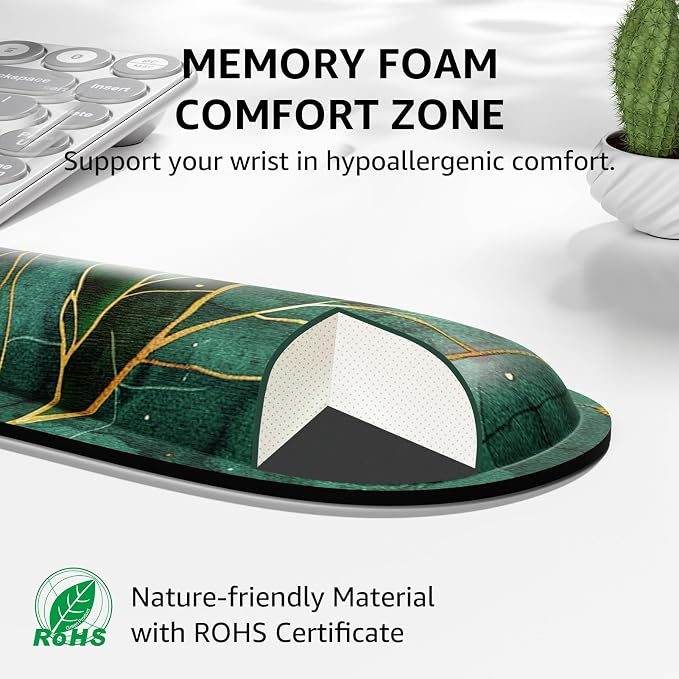 KTRIO Keyboard Wrist Rest & Mouse Pad with Wrist Rest Set, Green Leaves | Memory Foam Wrist Support, Ergonomic Design, Non-Slip Base, Office and Home Use