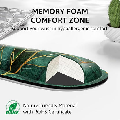 KTRIO Keyboard Wrist Rest & Mouse Pad with Wrist Rest Set, Green Leaves | Memory Foam Wrist Support, Ergonomic Design, Non-Slip Base, Office and Home Use