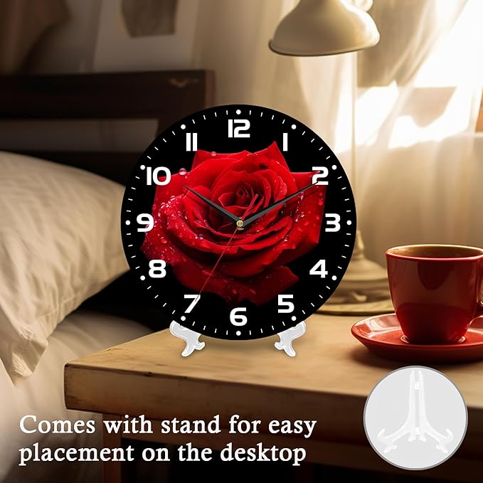 Wall Clock, 10 Inch Silent Non-Ticking Home Kitchen Decor, Battery Operated for Bathroom Bedroom Living Room Office(Red Roses)