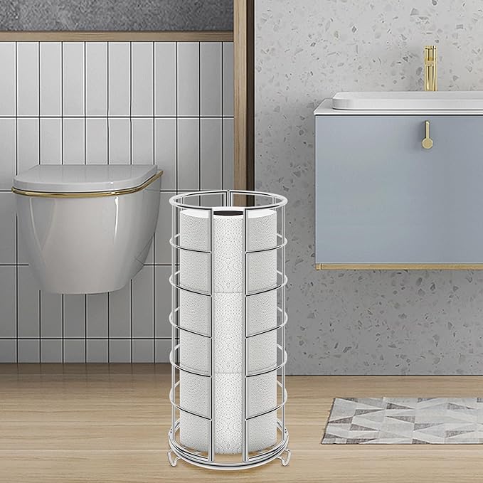 NearMoon Toilet Paper Organizer Stand, Free Standing 3 Rolls Tissue Storage, Metal Bathroom Accessory, Rustproof Toilet Roll Holder for Kitchen Countertop Inside Cabinet Shelf(Metal Base, Chrome)