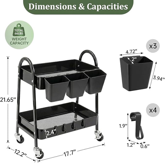 danpinera 2-Tier Rolling Cart, Utility Cart Mobile Metal Rolling Storage Cart with Lockable Wheels & Hanging Cups & Hooks for Kitchen, Bathroom, Office, Workshop