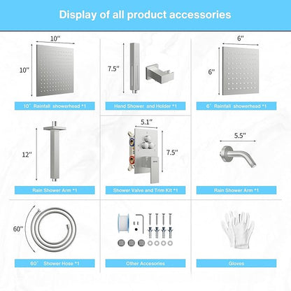 VANFOXLE Shower Faucet Set Brushed Nickel Shower System,Push Button Diverter Shower Faucet with 2 in 1 Handheld,Ceiling Mount Increased Thickness 10 Inch Shower Head with 6 Inch Wall Mount Shower Head