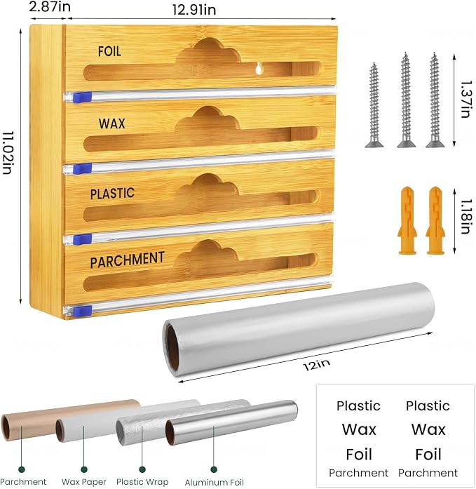 Bamboo 4 in 1 Saran Wrap Dispenser with Cutter & Labels - Foil & Plastic Wrap Organizer - Aluminum Foil Wax & Parchment Wrapping Paper Storage for Kitchen Drawer - 12" Roll