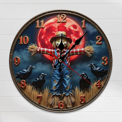 Wall Clock, Spooky Scarecrow Non Ticking Wall Clocks Battery Operated, Brown Wooden Wall Clocks for Living Room, Kitchen, Study Room Decorative 10 Inch