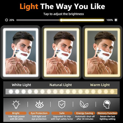 Shower Mirror Fogless for Shaving, LED Heated Rechargeable Fogless Mirror for Shower with Digital Clock & Storage Tray, 3 Color Lighting, Dimmable Touch Screen, Anti-Fog Shaving Mirror for Shower