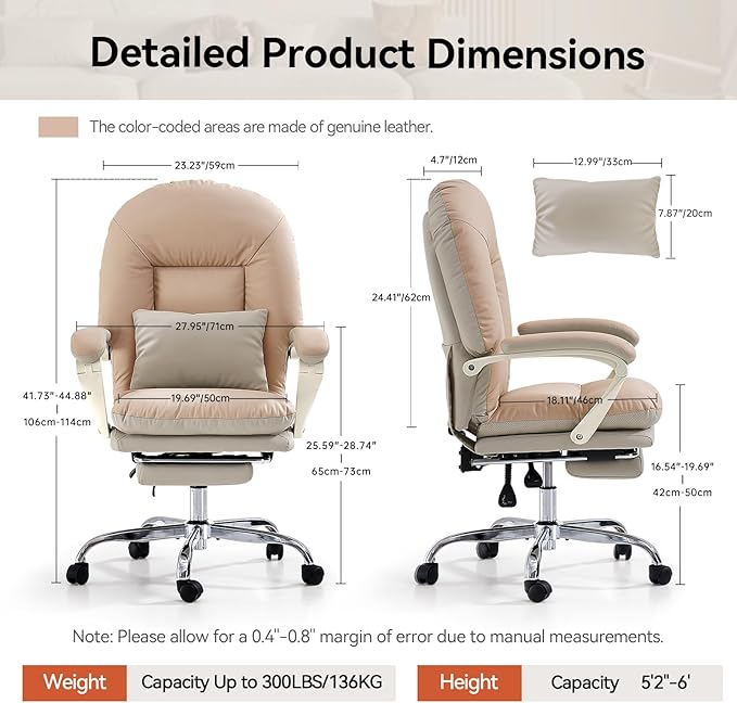 EMIAH Office Chair with Foot Rest Criss Cross Chair with Wheels Ergonomic Reclining Executive Office Chair Mid Back Genuine Leather Swivel Computer Chairs Lumbar Support for Home Office (Beige)