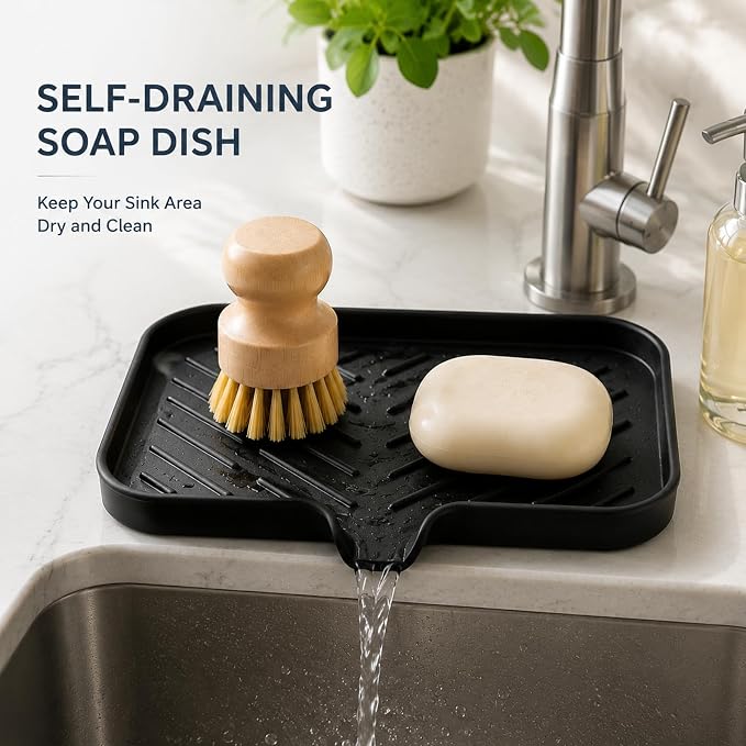 MicoYang Silicone Soap Dish with Drain Spout — Self-Draining Sink Organizer Tray for Bathroom & Kitchen, Sponges, Dispensers & Soap Holder, Non-Slip & Dishwasher Safe, Black (Medium, 9.6"×5.3")