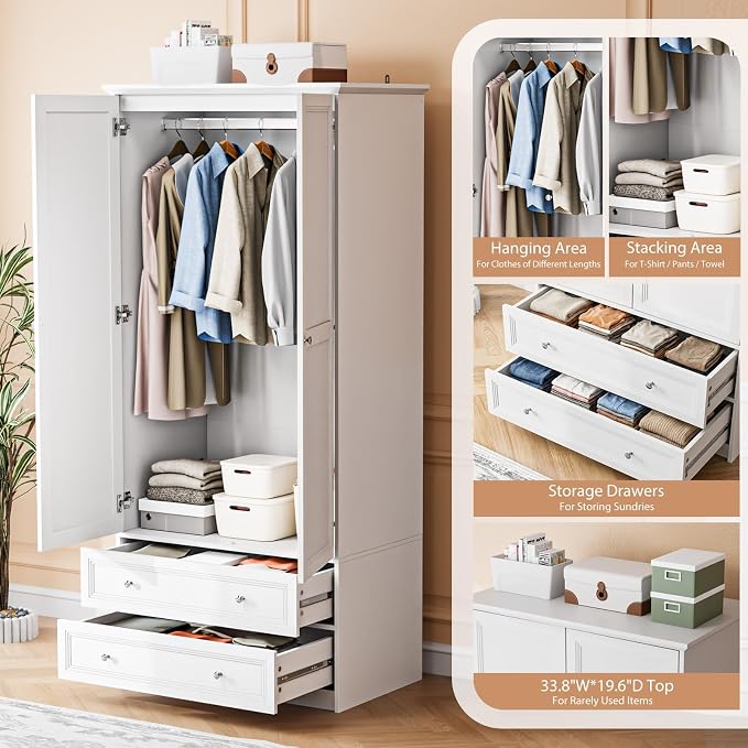 VINGLI Wooden Armoire Wardrobe Closet, 72" H Wardrobe Cabinet Closet, Freestanding Clothing Storage Cabinet, Wooden White Bedroom Armoire, Combination for Hanging Clothes