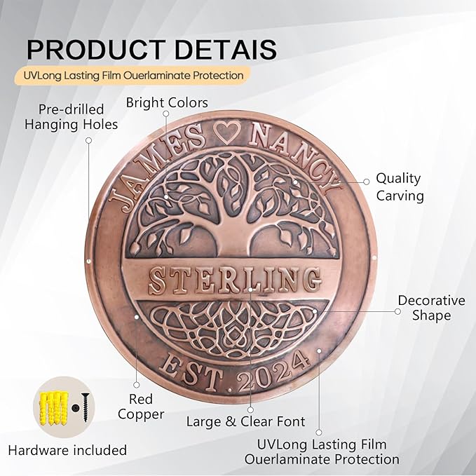 50th Anniversary Wedding Gifts for Couple Copper Decor Personalized Family Tree Wall Decor Copper Metal Wall Decor, Metal Name Sign Wedding Gifts, Housewarming
