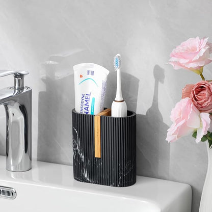 rejomiik Toothbrush Holders Electric Toothbrush Holder for Bathrooms, Bamboo Tooth Brushing and Toothpaste Storage Organizer for Sink, Countertop, Marble Black
