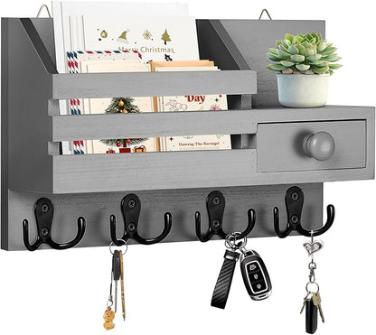 Key Holder Wall Mount, Wooden Adhesive Mail and Key Organizer with Drawer, Small Shelf, 8 Hooks, 2 Installation Methods, Gray