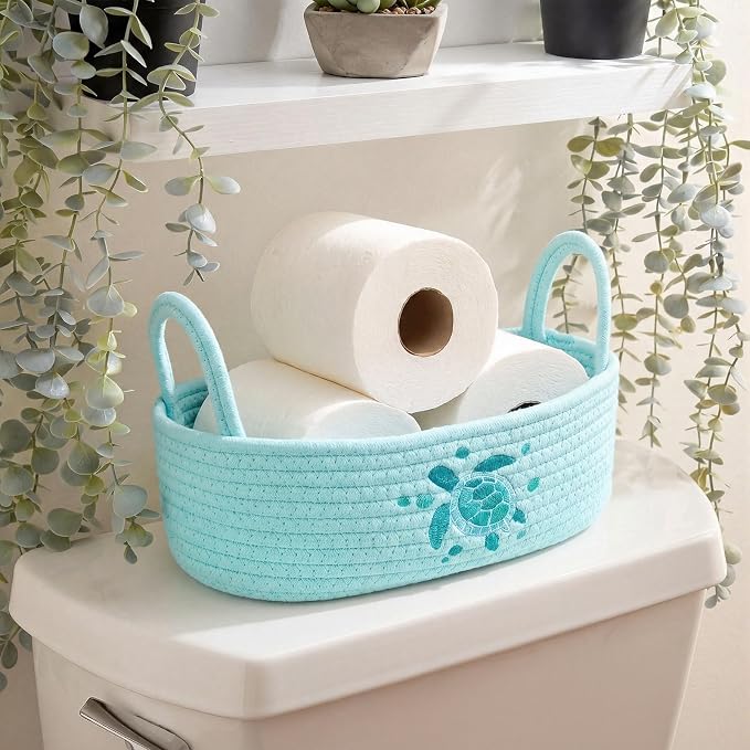 Vesici Sea Turtle Toilet Paper Basket Boho Woven Cotton Rope Bathroom Countertop Organizer with Handle Blue Summer Beach Sea Turtle Bathroom Storage Decor for Bedroom Nursery, 13 x 6 x 4 Inch