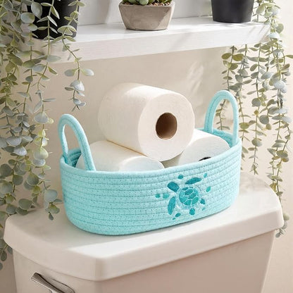 Vesici Sea Turtle Toilet Paper Basket Boho Woven Cotton Rope Bathroom Countertop Organizer with Handle Blue Summer Beach Sea Turtle Bathroom Storage Decor for Bedroom Nursery, 13 x 6 x 4 Inch