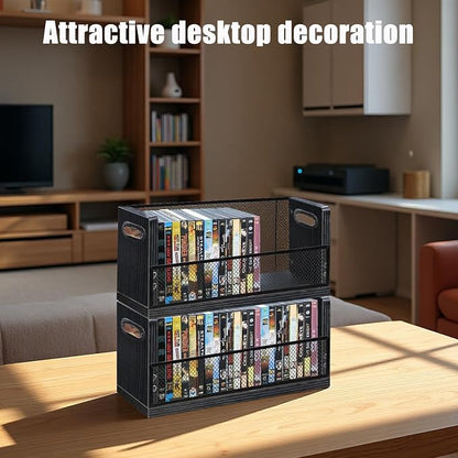 DVD Blu ray Storage Rack, DVD Shelf Holds Up To 28 DVD Cases, Stackable Wood & Metal DVD Tower with Magnetic Opening Door for Easy Access, Desktop Organizer for CDs, Video Game, VHS Tapes
