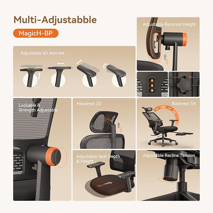 Newtral Ergonomic Mesh Office Chair with with Adaptive Lumbar Support, High Back Desk Computer Chair with 4D Adjustable Armrest, 136° Tilt Lock, Adjustable Seat Depth & Height(with Laptop Tray, Black)