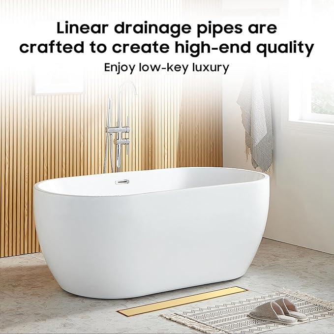 DLONE Linear Shower Drain | 48" AISI 304 Stainless Steel Linear Drain, Brushed Gold Shower Drain with Tile Insert Panel & Adjustable Feet, Long Rectangle Shower Floor Drain in Bathroom, Balcony, etc
