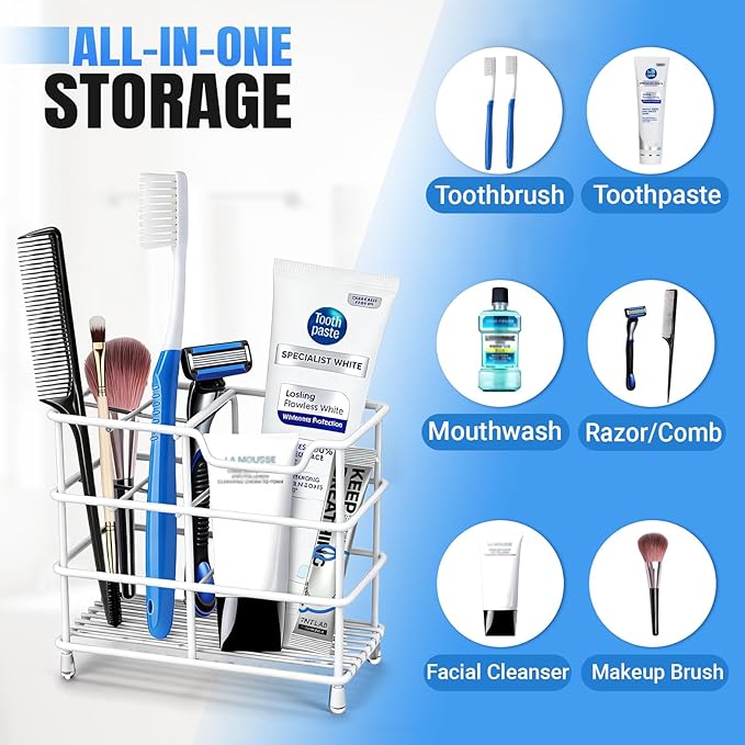 Toothbrush Holders for Bathrooms, Stainless Steel Toothbrush Holder for Kids and Adults, Electric Toothbrush and Toothpaste Holder, Rustproof Bathroom Accessories Organizer, White Small