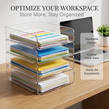 DCA 4 Tier Clear Desk Organizer, Stackable Paper Tray, Acrylic File Holder Paper Organizer for Office, Home, School, Letter & A4 Size