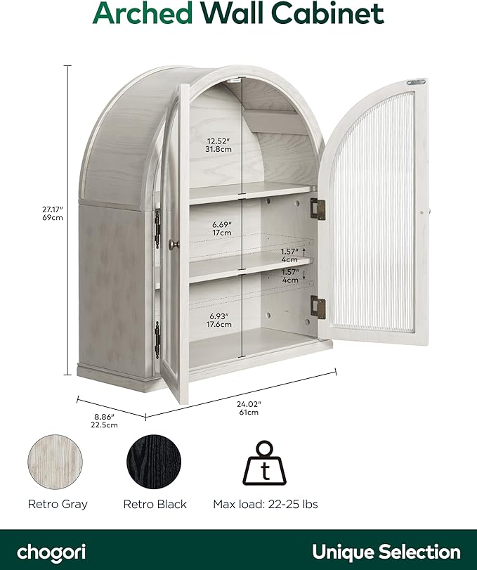 Chogori Arched Bathroom Wall Cabinet, 27x24x9 Inch Over The Toilet Storage Cabinet with Acrylic Doors & 3 Adjustable Shelves, Wall Mounted Cabinet for Bathroom, Kitchen, Laundry Room, Gray