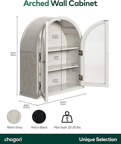 Chogori Arched Bathroom Wall Cabinet, 27x24x9 Inch Over The Toilet Storage Cabinet with Acrylic Doors & 3 Adjustable Shelves, Wall Mounted Cabinet for Bathroom, Kitchen, Laundry Room, Gray