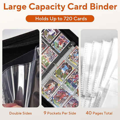 Baseball Card Binder 9 Pocket, 720 Pockets Trading Card Binder with Zipper, Portable Collector Card Album Storage Organizer for Sports Cards, Game Cards, Gifts for Kids