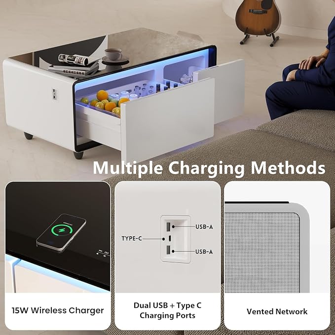 Smart Coffee Table with Fridge and Bluetooth, Smart Living Room Table with Frozen Drawers, Dual Speakers, 15W Wireless Charger, Touch Control, USB Ports, Atmosphere Light, LT90 Ultra-White
